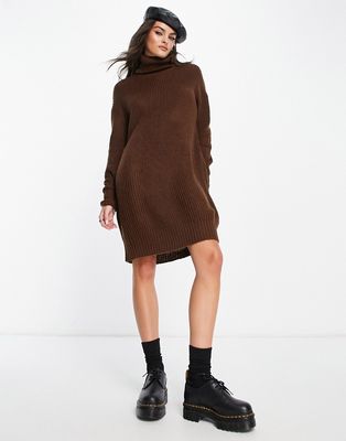Violet Romance roll neck knit sweater dress in chocolate brown