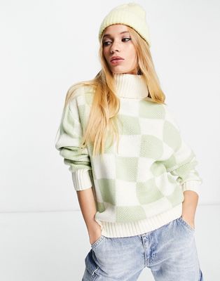 Violet Romance roll neck sweater in sage check-Green