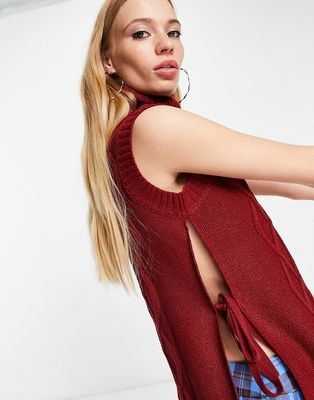 Violet Romance roll neck tie side sleeveless sweater in burgundy-Red