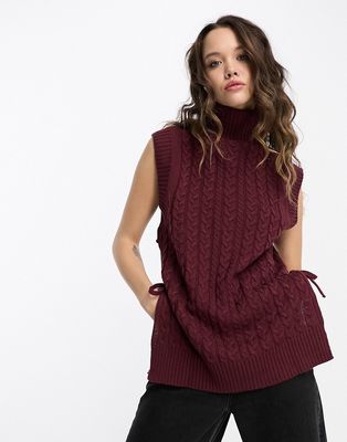 Violet Romance roll neck tie side sleeveless sweater in deep red-Brown