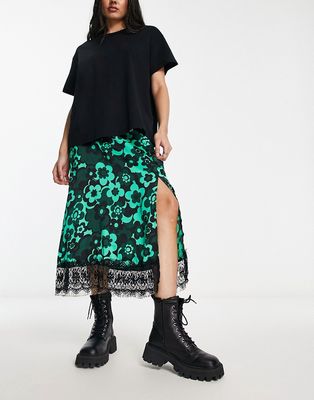 Violet Romance satin midi skirt with lace trim in green floral print - part of a set