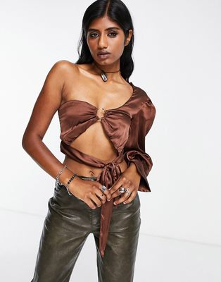 Violet Romance satin one sleeve ring detail crop top with tie waist in chocolate brown