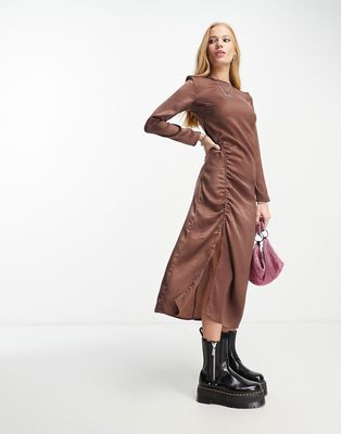Violet Romance satin ruched side midi dress in brown