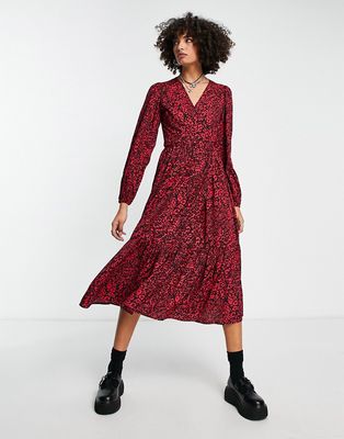 Violet Romance satin wrap front midaxi dress in red floral print