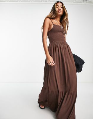 Violet Romance shirred bust cami midaxi dress in chocolate brown