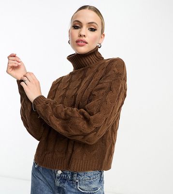 Violet Romance Tall roll neck cable knit cropped sweater in chocolate brown