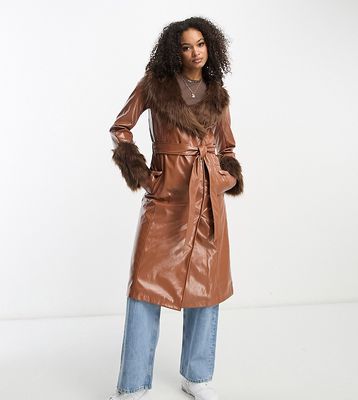 Violet Romance Tall vinyl coat with faux fur trims in brown