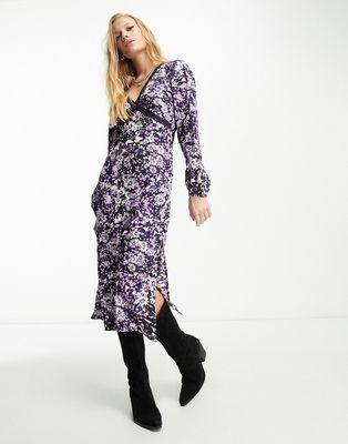 Violet Romance v neck midi dress with lace contrast in floral print-Multi