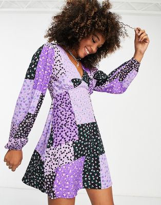 Violet Romance v neck mini dress in purple patchwork print