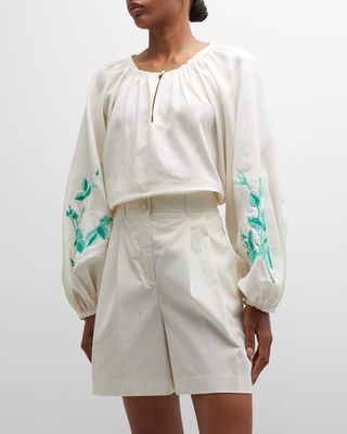 Vishi Embroidered Linen Puff-Sleeve Crop Top