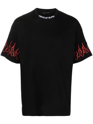 Vision Of Super flames-embroidered cotton T-shirt - Black