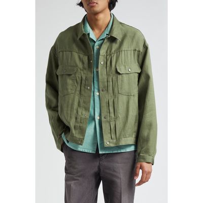 VISVIM 101XX Linen & Wool Trucker Jacket in Olive 