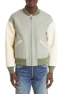 VISVIM Leather Sleeve Wool & Linen Varsity Jacket in Light Green