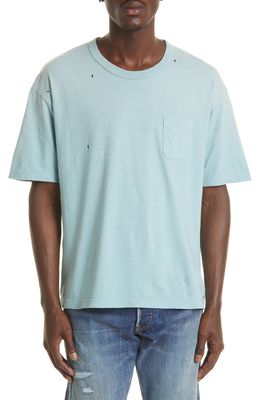 VISVIM Men's Amplus Crash Distressed Cotton Pocket T-Shirt in Light Blue