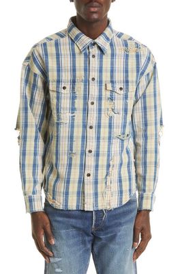 VISVIM Men's Pioneer Crash Distressed Check Cotton & Linen Button-Up Shirt in Dark Indigo