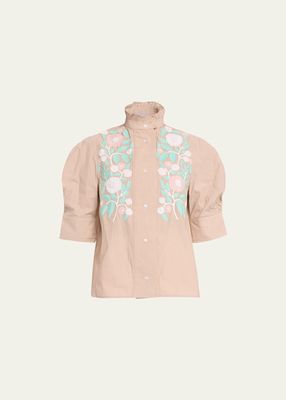 Vita Floral-Embroidered High-Neck Blouse