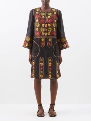 Vita Kin - Bulgarian Rose Embroidered Linen Dress - Womens - Black Multi