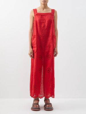 Vita Kin - Dora Broderie-anglaise Linen Dress - Womens - Red
