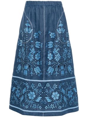 Vita Kin floral-embroidered linen midi skirt - Blue