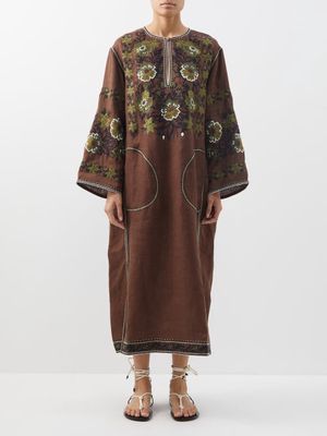Vita Kin - Milena Floral-embroidered Linen Kaftan Dress - Womens - Brown Multi
