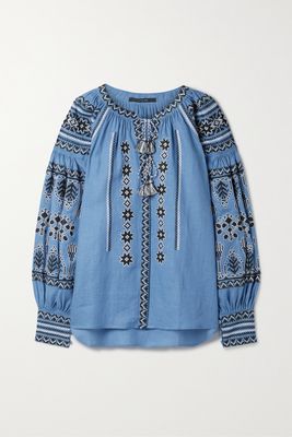 Vita Kin - Shedever Gathered Embroidered Linen Blouse - Blue