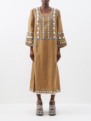 Vita Kin - Yelna Square-neck Embroidered Linen Dress - Womens - Khaki