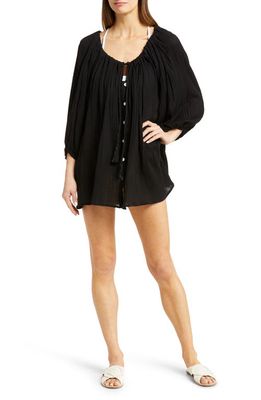 Vitamin A Costa Three-Quarter Sleeve Cotton Cover-Up Tunic in Black Organic Crinkle Cotton