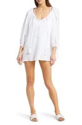 Vitamin A Costa Three-Quarter Sleeve Cotton Cover-Up Tunic in White Organic Crinkle Cotton