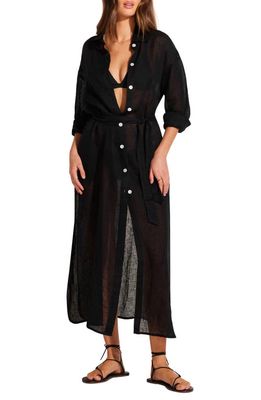 Vitamin A® Playa Long Seeve Linen Cover-Up Maxi Shirtdress in Black Eco Linen 