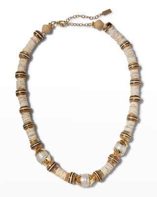 Vivienne Statement Necklace with Baroque Pearl, Oyster Shell and Woven Raffia