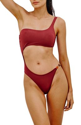 ViX Swimwear Martha Cutout One-Shoulder One-Piece Swimsuit in Burgundy