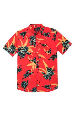 Volcom Island Time Floral Short Sleeve Button-Up Shirt in Red Orange
