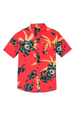 Volcom Kids' Island Time Floral Short Sleeve Button-Up Shirt in Red Orange