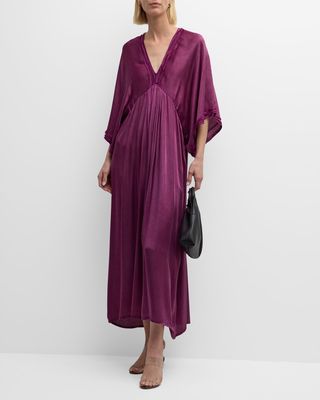 Volra Ruched Kimono-Sleeve Satin Maxi Dress