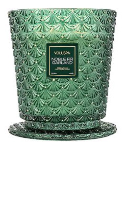 Voluspa Noble Fir Garland 5 Wick Hearth Candle in Green.