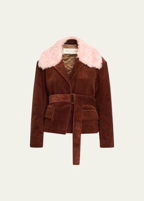 Vondi Corduroy Belted Jacket with Faux Fur Collar