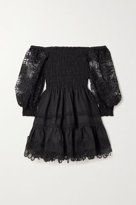 WAIMARI - Ancora Shirred Guipure Lace And Linen-blend Mini Dress - Black