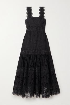 WAIMARI - Sireneusse Lace-trimmed Broderie Anglaise Cotton-poplin Midi Dress - Black