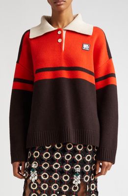 Wales Bonner Calm Oversize Colorblock Wool Blend Polo Sweater in Red Black And Beige