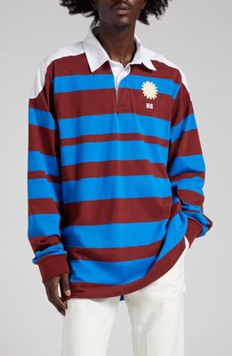 Wales Bonner City Stripe Sun Patch Long Sleeve Oragnic Cotton Polo in Blue And Red