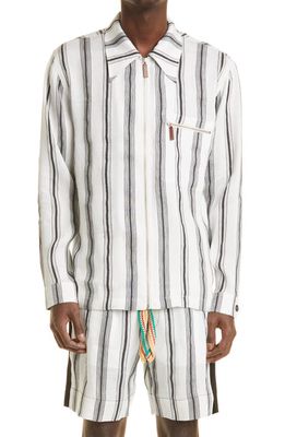 Wales Bonner Depara Stripe Linen & Silk Zip Shirt in White/Black