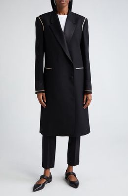 Wales Bonner Embroidered Trim Single Breasted Wool & Satin Overcoat in Black