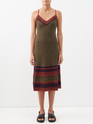 Wales Bonner - Fusion Striped Wool-blend Midi Dress - Womens - Khaki Multi