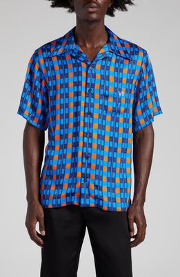 Wales Bonner Highlife Short Sleeve Satin Bowling Shirt in Blue And Orange