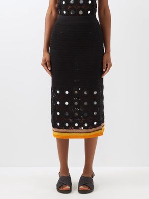 Wales Bonner - Marimba Mirror-embellished Cotton-crochet Skirt - Womens - Black Multi