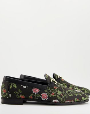 Walk London Joey Snaffle Loafers in floral multi print-Black