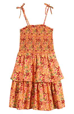 Walking on Sunshine Kids' Floral Smocked Tiered Sundress in Orange Print 