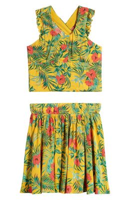 Walking on Sunshine Kids' Tropical Print Crossback Crop Top & Skirt Set in Yellow Tropical