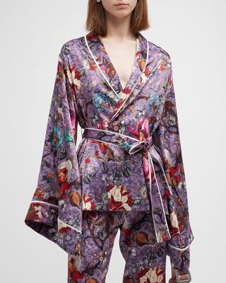 Walter Floral-Print Belted Silk Wrap Pajama Top