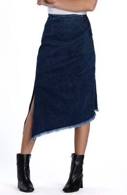 Wash Lab Denim Bustle Frayed Asymmetric Denim Midi Skirt in Lora Blue